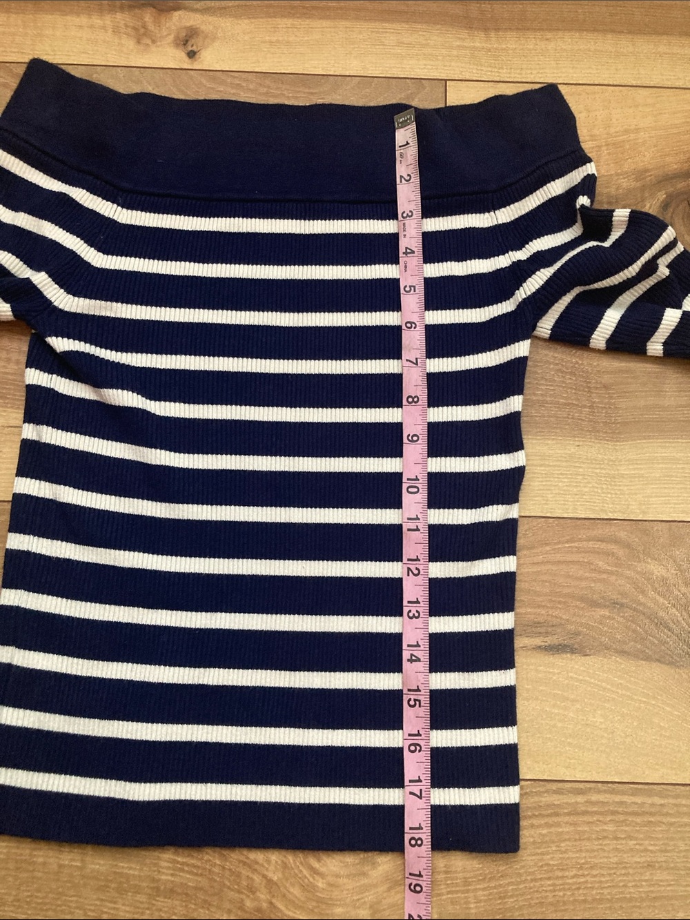 Carolina Constas Ribbed Knit Off The Shoulder Navy and Cream Top - Picture 4 of 6